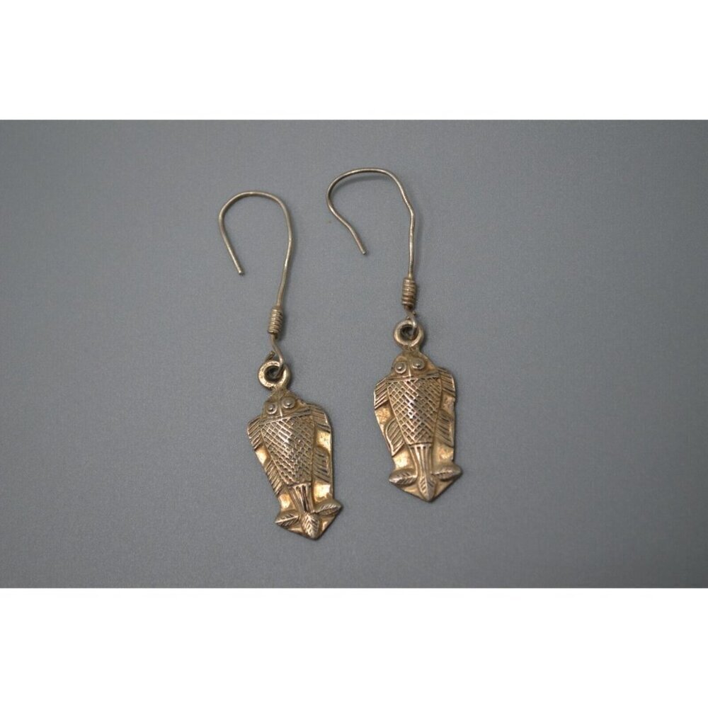 Sterling Silver Drop Earrings Carved Fish on Hooks 6.3 g Sterling 925 2"